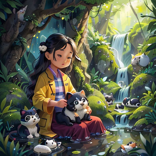 a girl sitting on a rock with a cat and a dog in front of a waterfall and forest scene