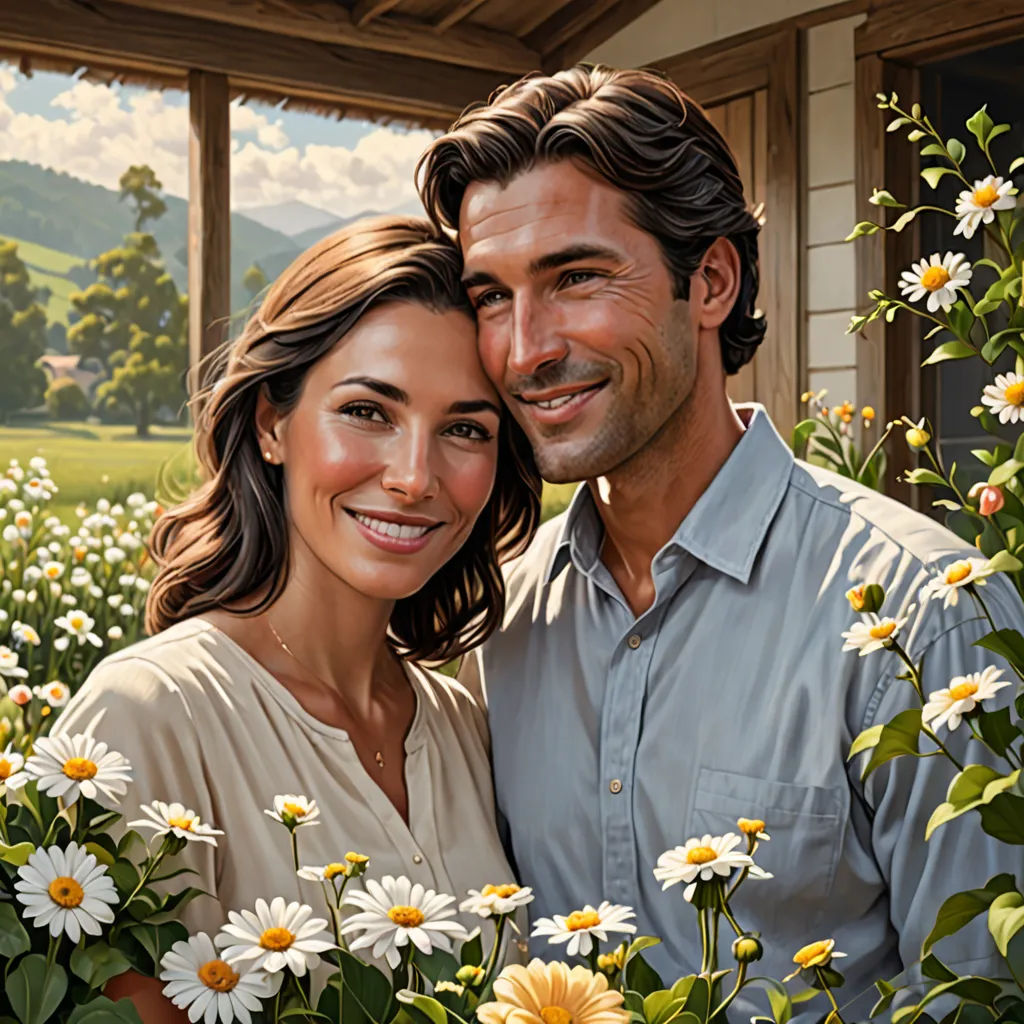 a man and woman are standing in a field of daisies and daisies in front of a house, photorealism, a photorealistic painting, Brad Kunkle, highly detailed digital painting