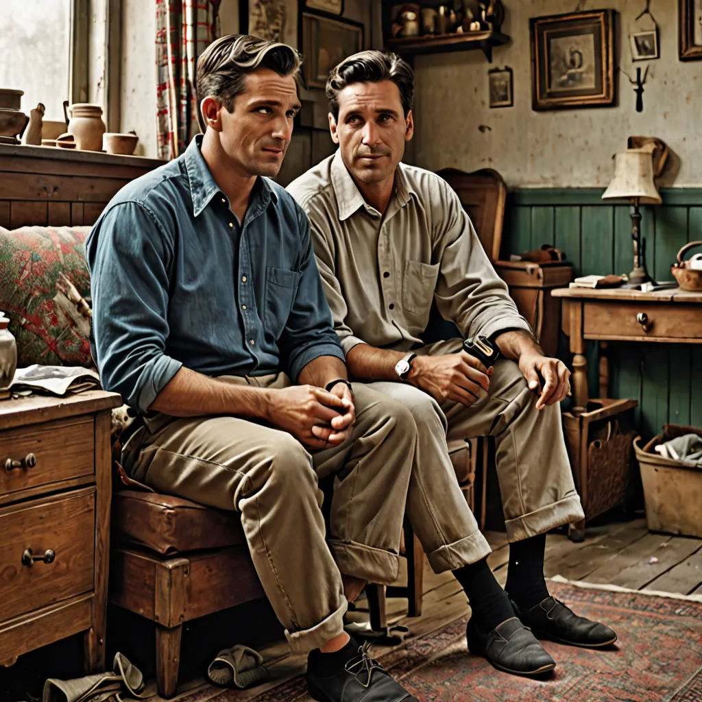 two men sitting on a couch in a room with a table and a dresser with a clock on it, arts and crafts movement, a colorized photo, David Annand, promotional image