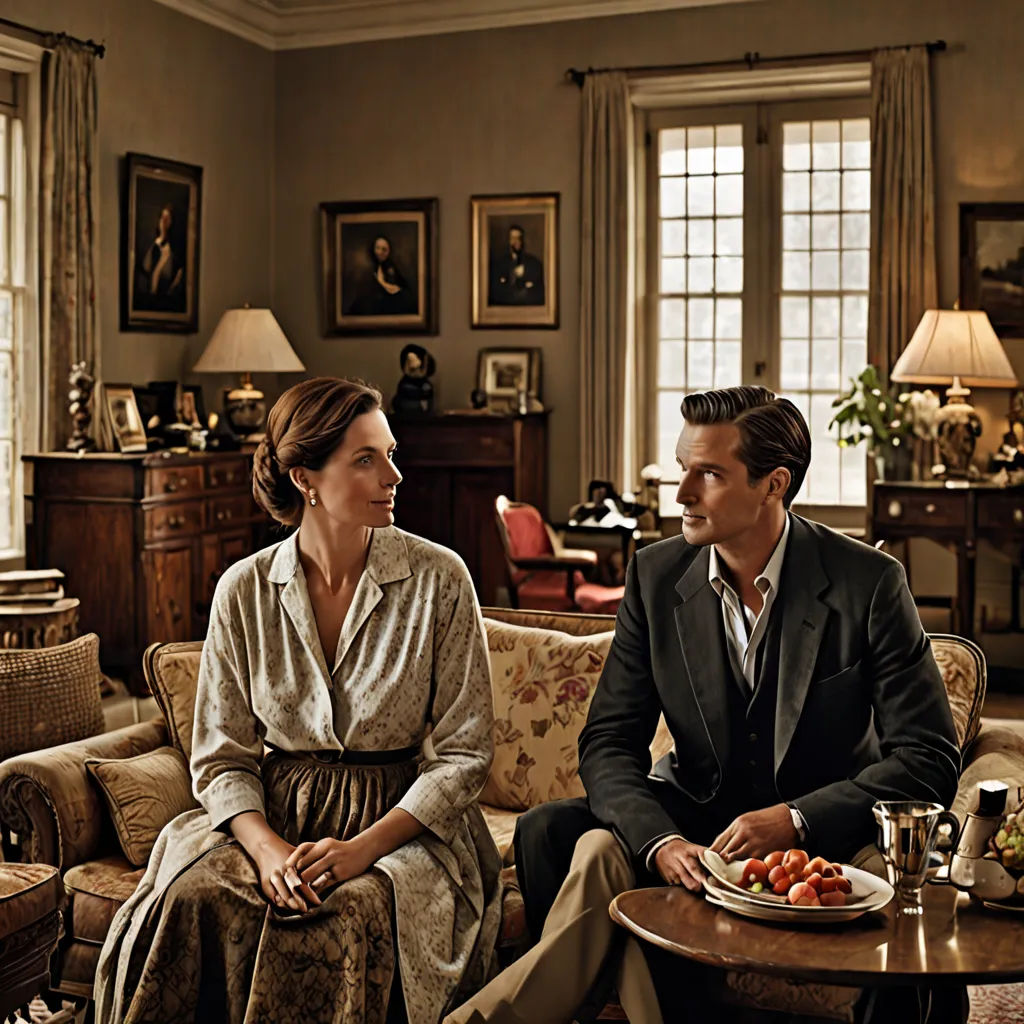 a man and woman sitting on a couch in a living room talking to each other and eating food on a plate, arts and crafts movement, a poster, Elizabeth Forbes, promotional image