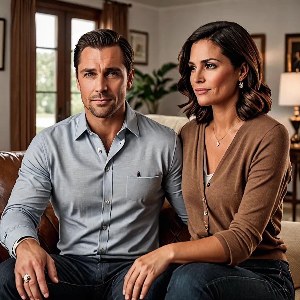 a man and a woman sitting on a couch in a living room together, looking at the camera, with a window in the background, arts and crafts movement, a digital rendering, Christian Hilfgott Brand, promotional image