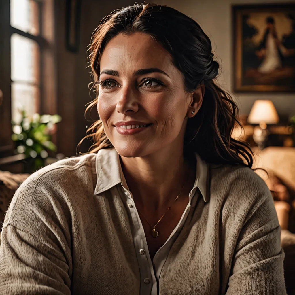 a woman sitting in a living room with a smile on her face and a smile on her face on her face, private press, a character portrait, Eva Gonzalès, promotional image