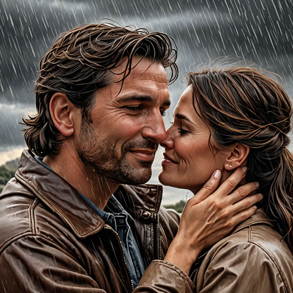 a man and woman are kissing in the rain under a cloudy sky with a mountain in the background and a dark cloud, figurative art, a photorealistic painting, Eric Zener, promotional image