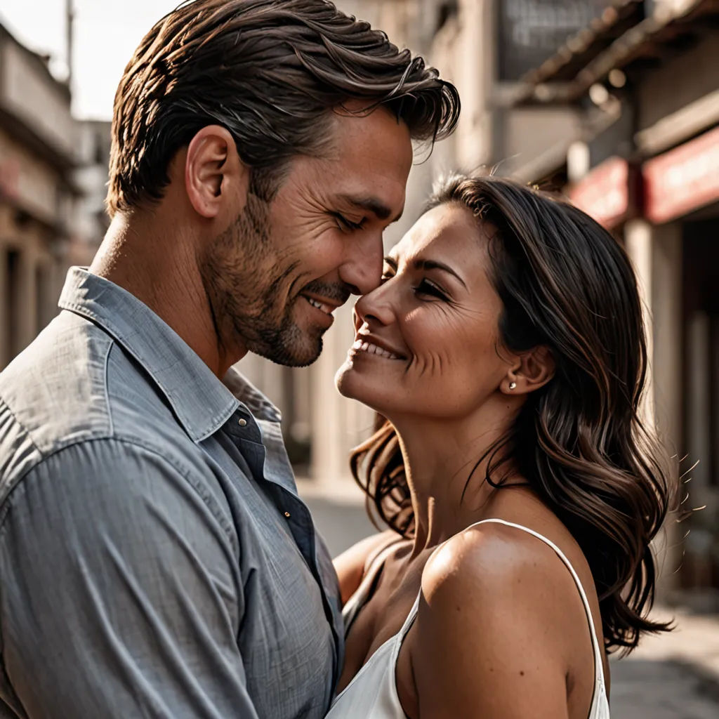 a man and woman are smiling together on the street together, one is holding the other's head, video art, a stock photo, Dan Scott, promotional image