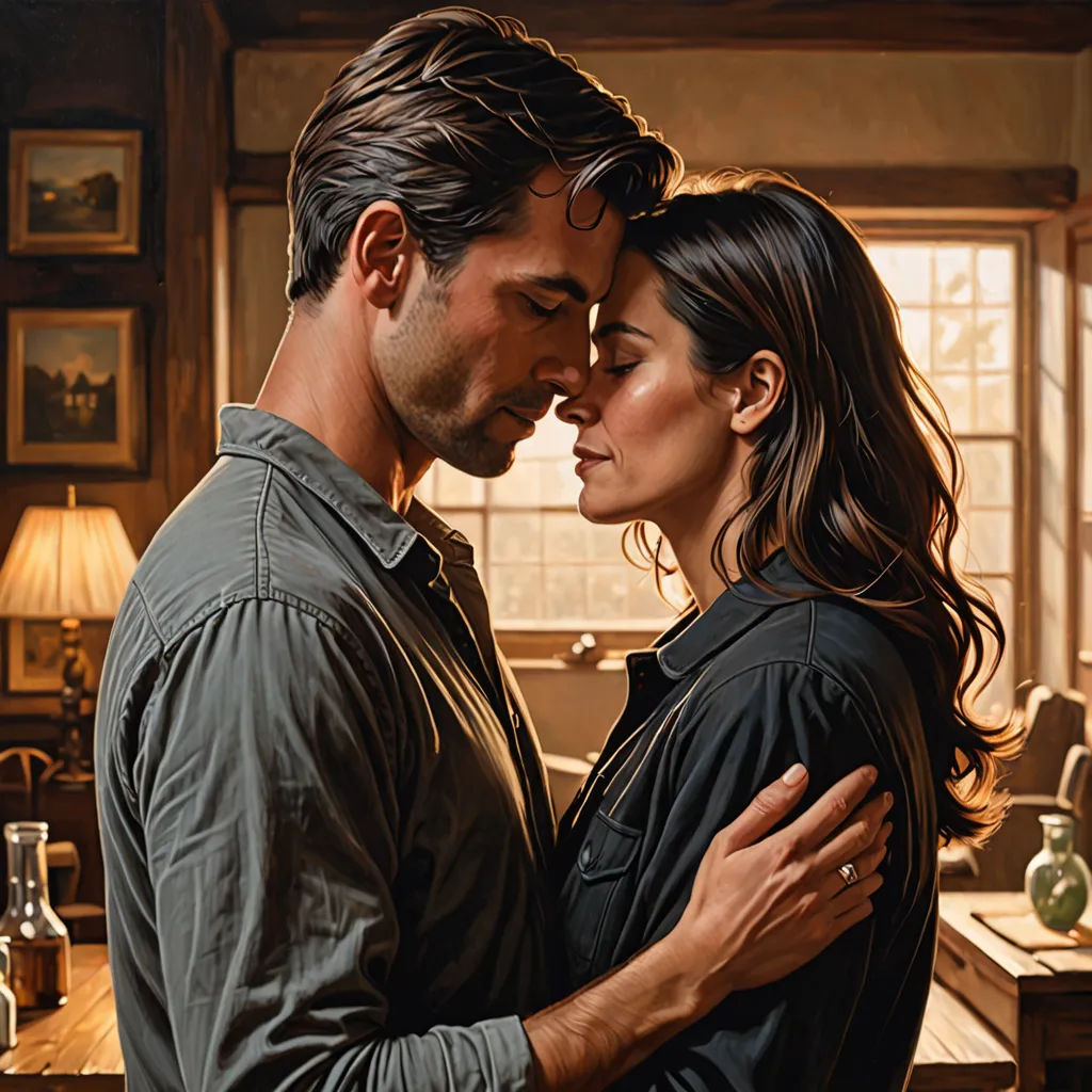 a man and woman embracing in a kitchen with a table and a lamp on the side of the room, figurative art, an oil painting, Colin Middleton, extremely detailed oil painting