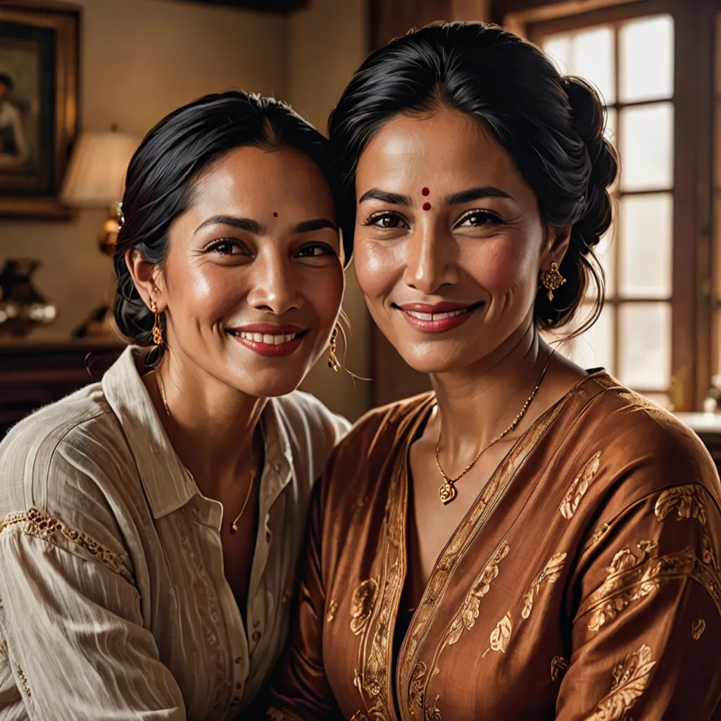 two women are smiling for the camera in a room with a window and a painting on the wall behind them, samikshavad, a poster, Ella Guru, promotional image