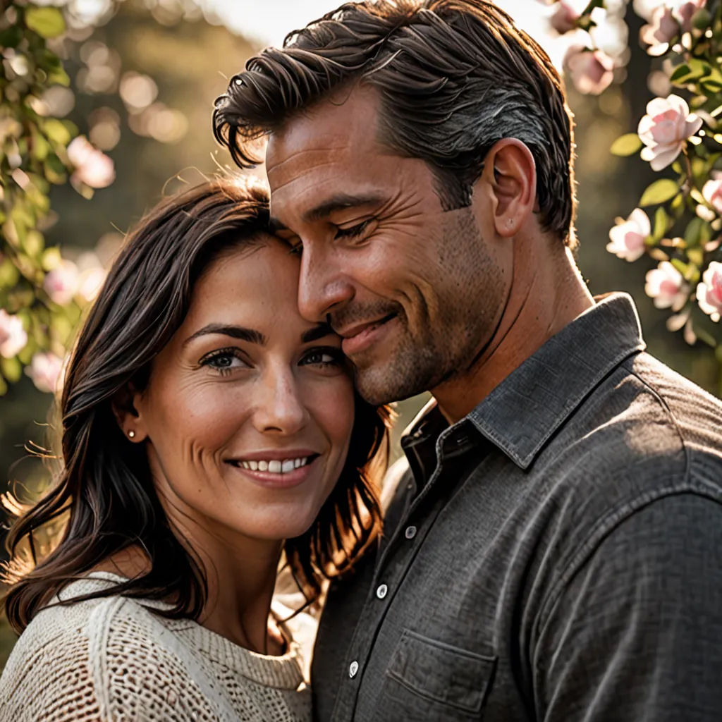 a man and woman are smiling for a picture together in front of a flowering tree with pink flowers in the background, private press, a stock photo, Adam Willaerts, promotional image