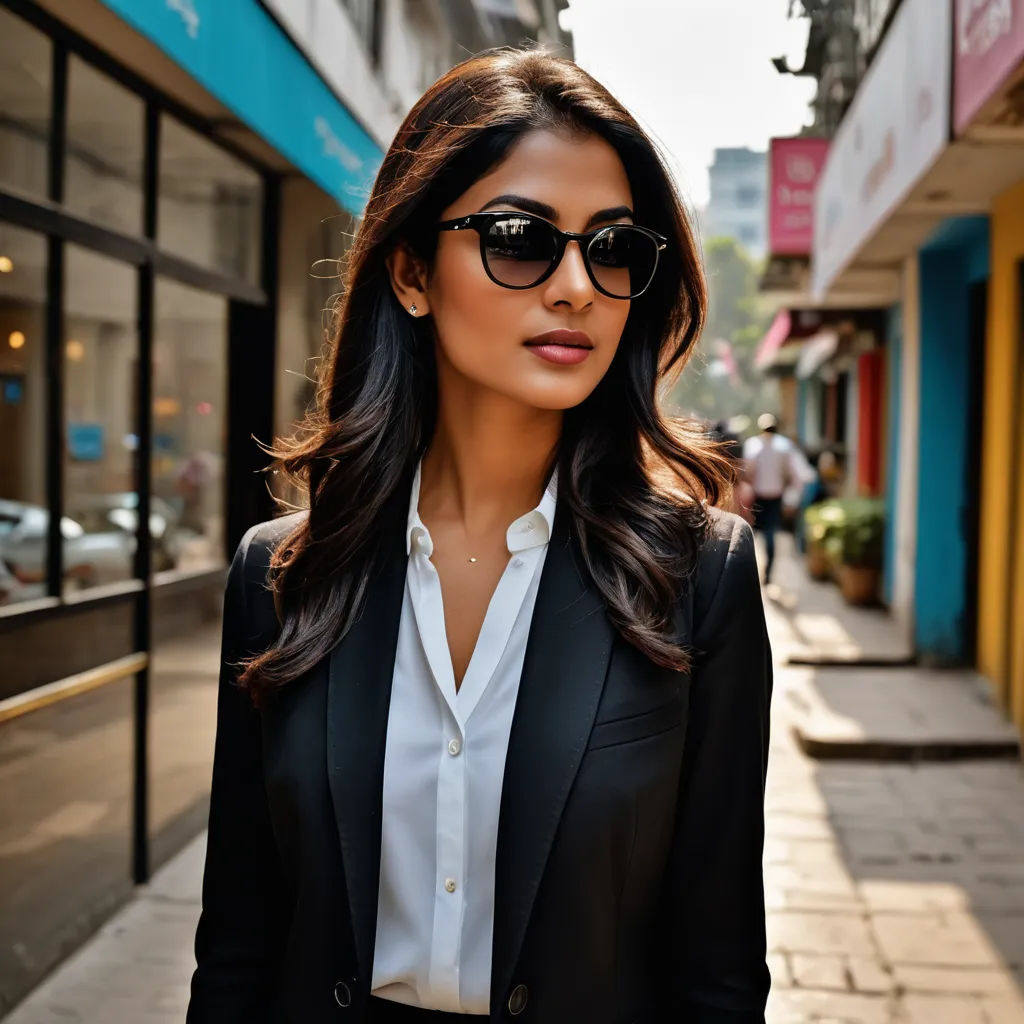 a woman in a suit and sunglasses standing on a sidewalk in front of a storefront with a blue building, samikshavad, a character portrait, Christian Hilfgott Brand, stylish