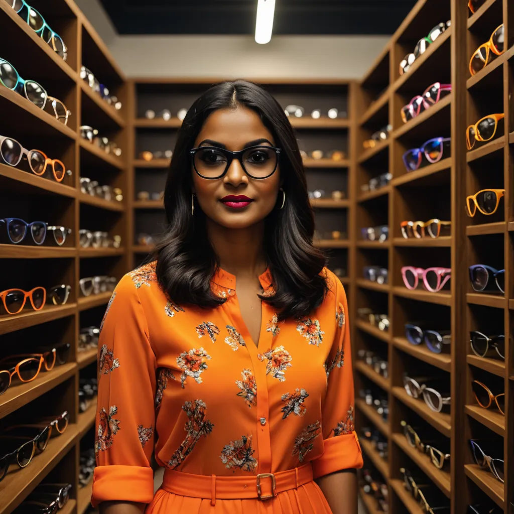 a woman standing in front of a display of glasses in a store with a lot of shelves of them, private press, a character portrait, Flavia Blois, glasses