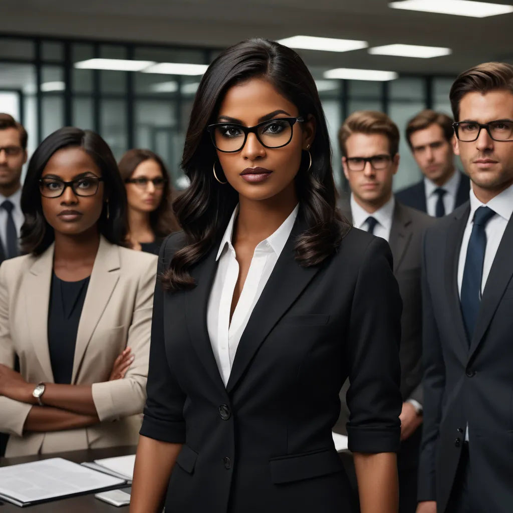a group of people standing in a room with a woman in a suit and glasses on her chest and a man in a suit and tie, neoism, a stock photo, Bourgeois, professional photo