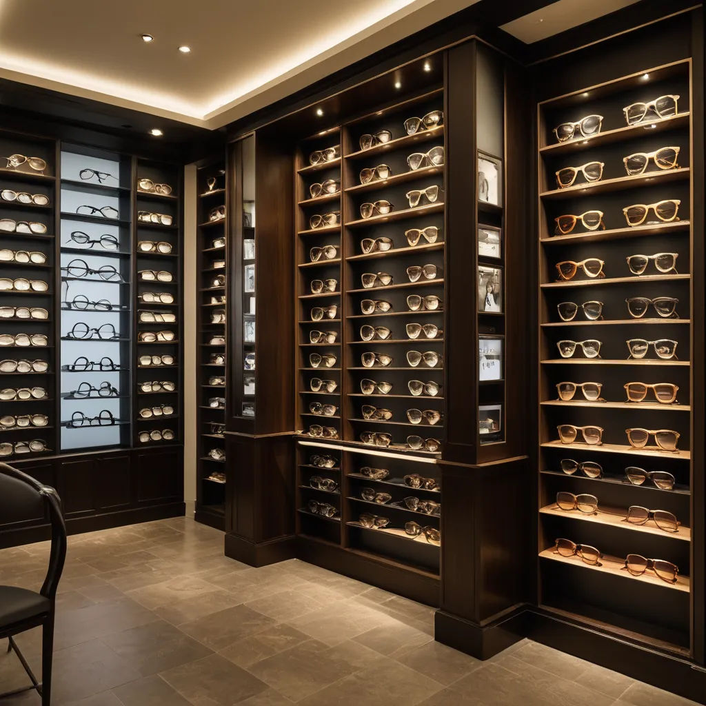 a large display of glasses in a store with a chair in front of it and a wall of shelves, arts and crafts movement, a digital rendering, Enguerrand Quarton, rembrandt lighting