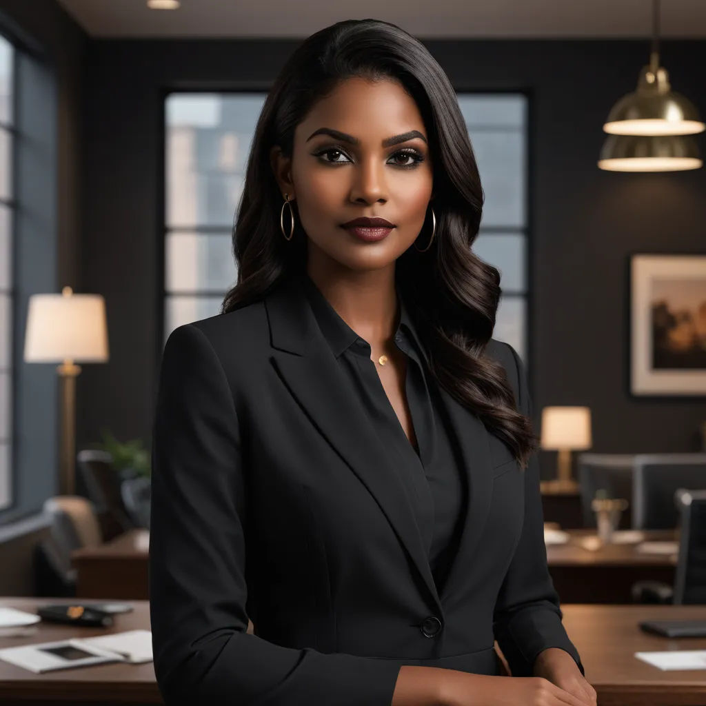 a woman in a black suit standing in an office with a desk and lamp on the wall behind her, american barbizon school, a stock photo, Constance Gordon-Cumming, promotional image