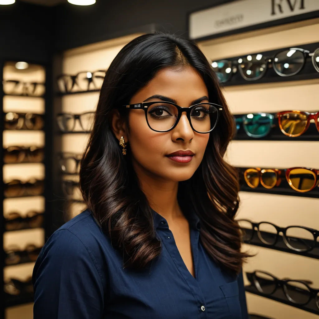 a woman standing in front of a display of glasses in a store with a wall of glasses behind her, rayonism, a character portrait, Ella Guru, promotional image