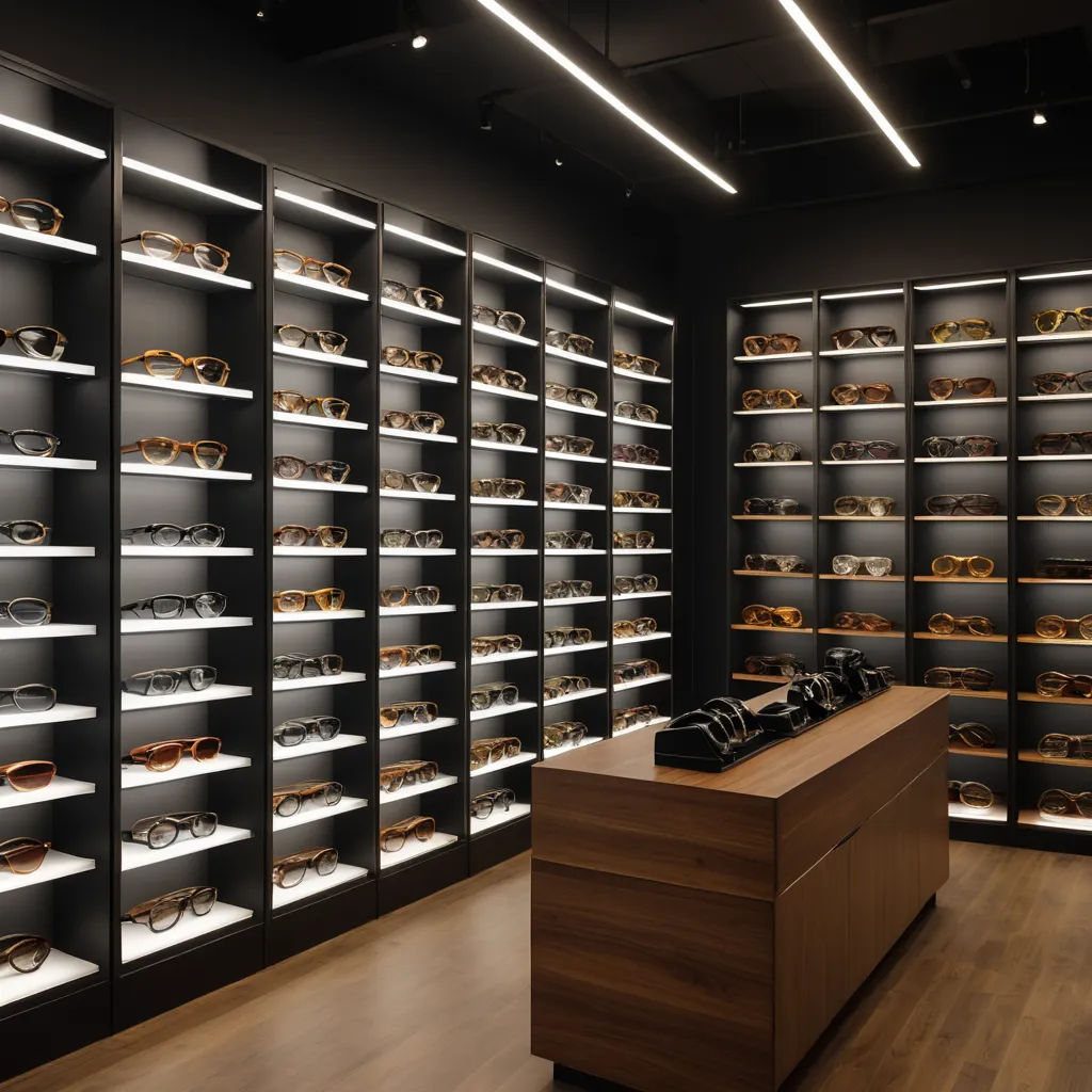 a large display of glasses in a store with a wooden counter and shelves of them on the wall and a wooden floor, light and space, a 3D render, David Chipperfield, rembrandt lighting