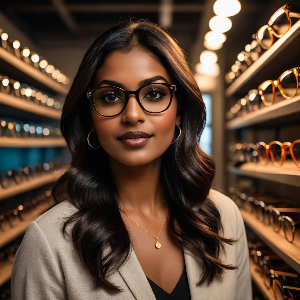 a woman wearing glasses in a store with a lot of glasses on display behind her and a wall of glasses behind her, new objectivity, a character portrait, Christian Hilfgott Brand, glasses
