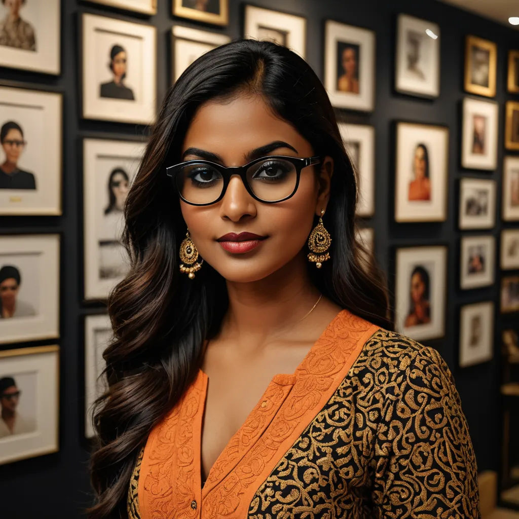 a woman wearing glasses in front of a wall of framed pictures of people and people's heads in frames, bengal school of art, a character portrait, Ella Guru, promotional image