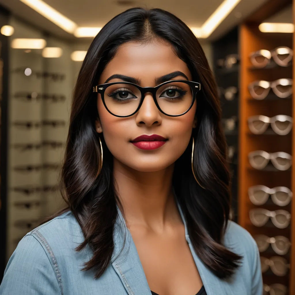 a woman wearing glasses in a store with a lot of glasses on display behind her and a wall of glasses behind her, samikshavad, a character portrait, Ella Guru, glasses