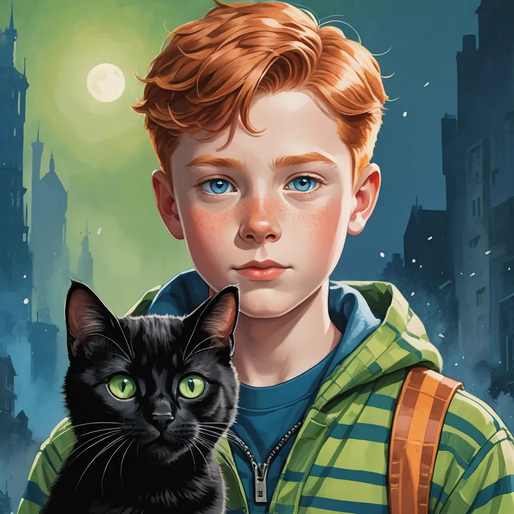 a boy with a black cat in his hand and a green background with a full moon in the sky, sots art, poster art, Aaron Jasinski, comic cover art