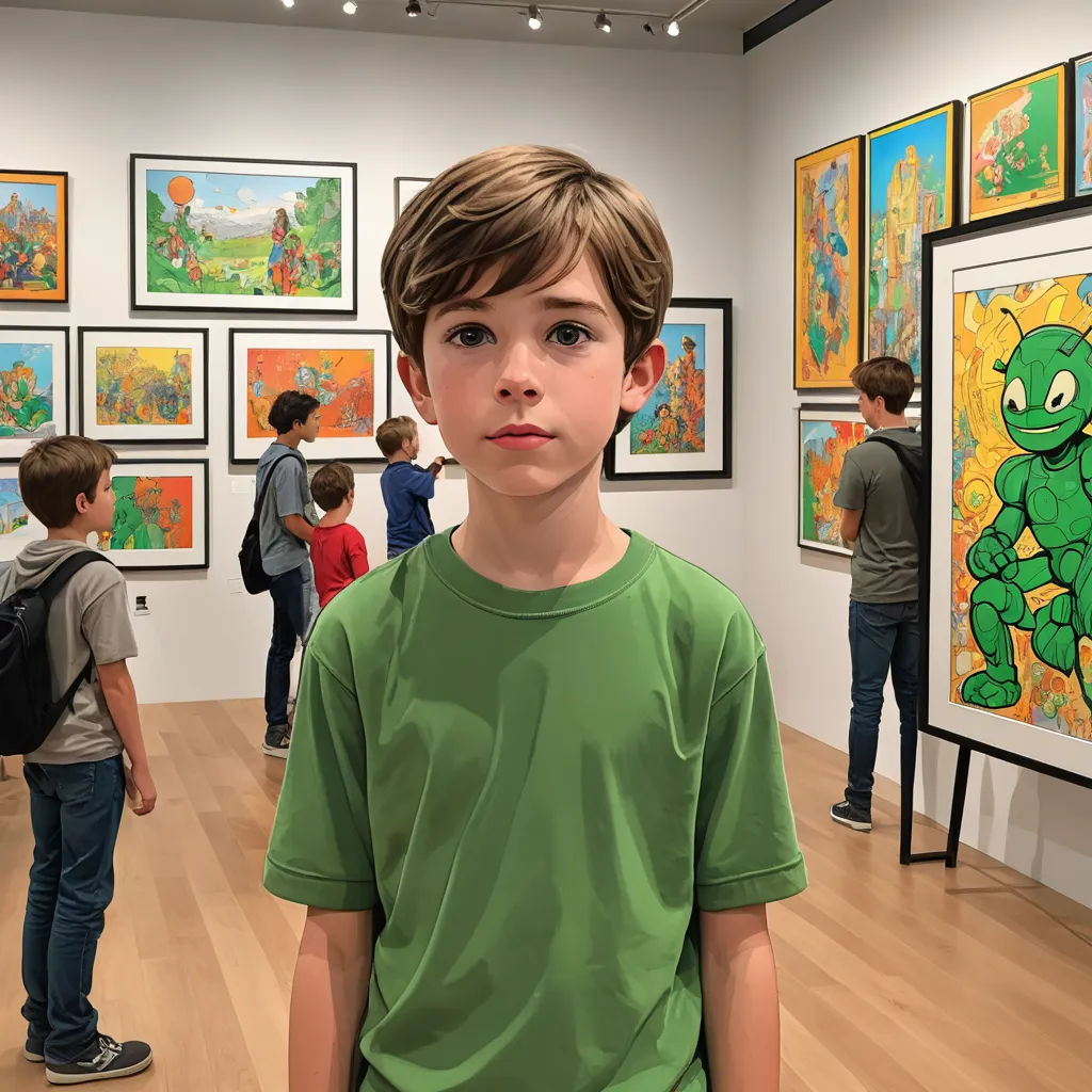 a boy standing in front of a bunch of paintings in a museum with a green frog on the wall, naive art, a hyperrealistic painting, Art & Language, contemporary art