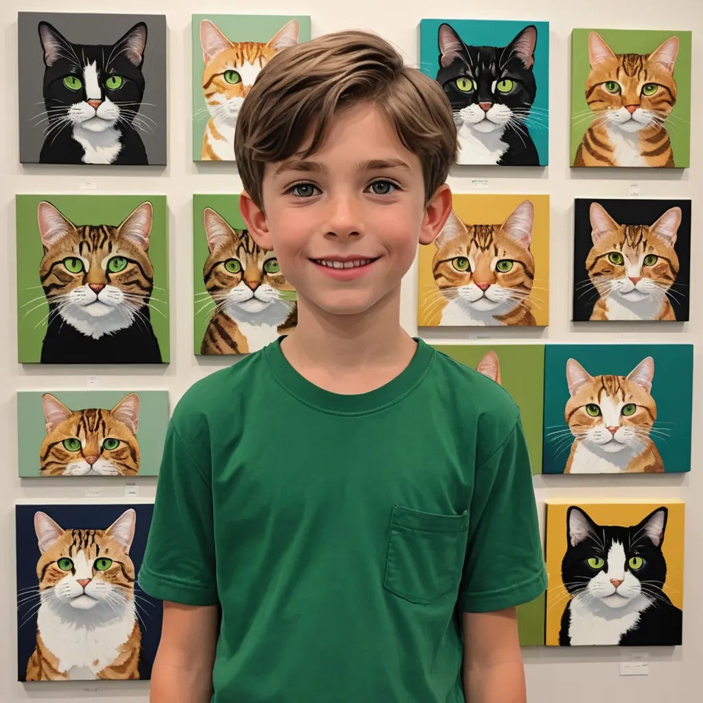 a boy standing in front of a wall of cats on a wall of paintings of cats on a wall, naive art, a pop art painting, Aaron Jasinski, kai carpenter