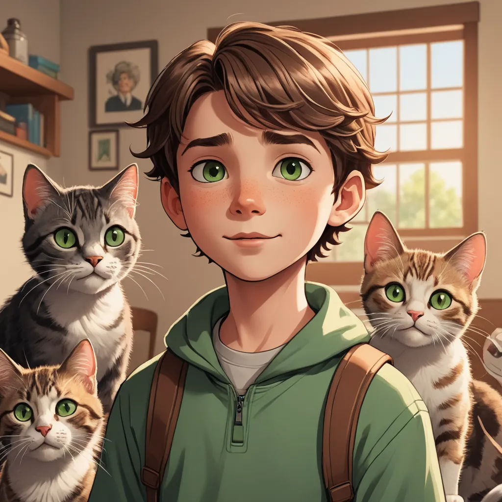 a boy with a backpack and three cats in front of him, in a living room with a window, furry art, a character portrait, Diego Gisbert Llorens, kinkade