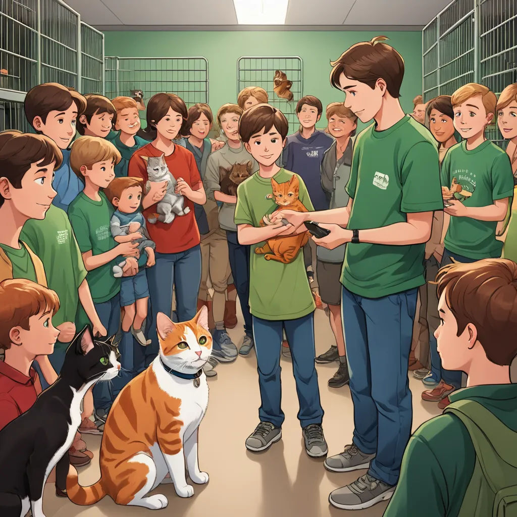 a group of people standing around a cat in a cage with a cat on its lap and a cat on the ground, furry art, a storybook illustration, Diego Gisbert Llorens, furaffinity