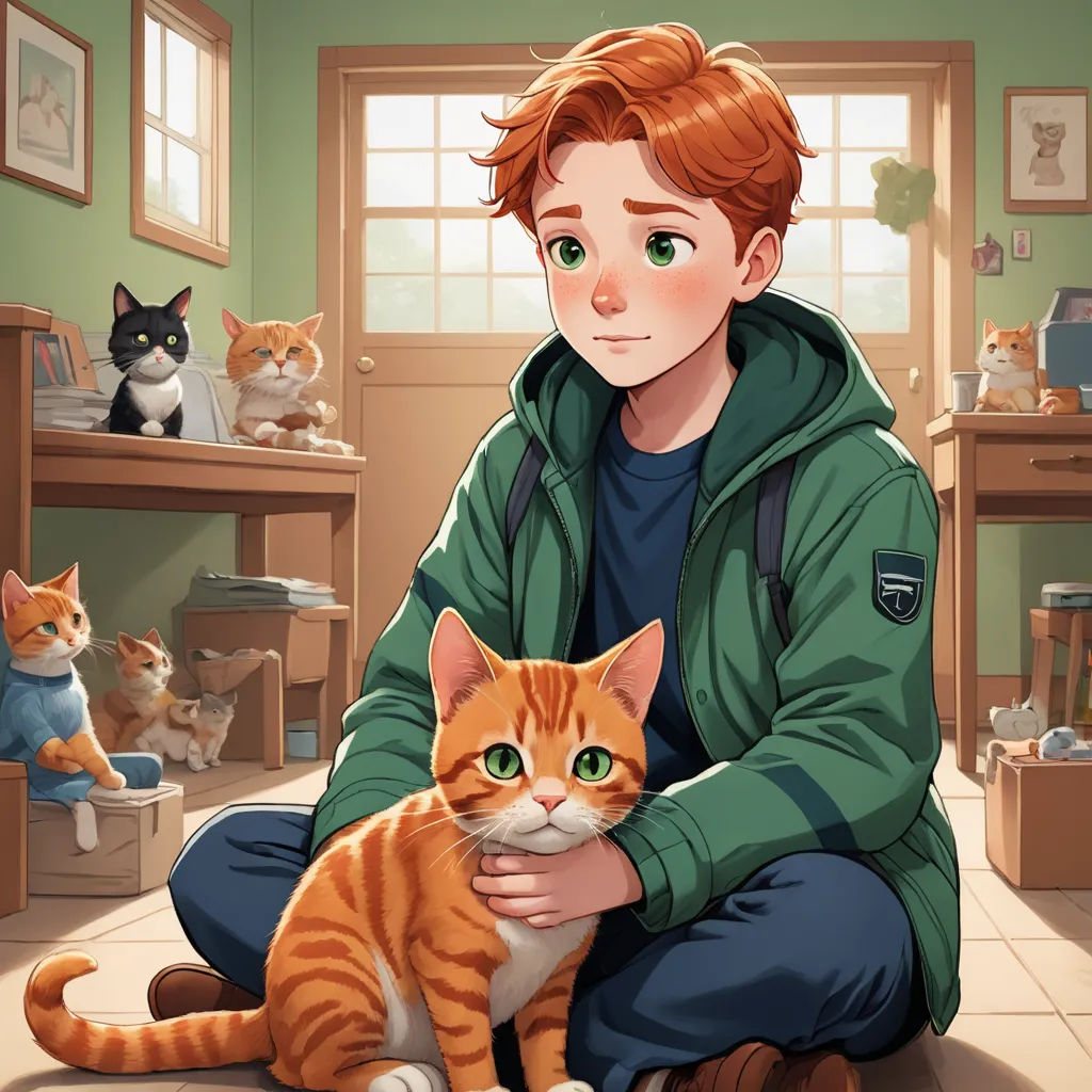a boy in a green jacket holding a cat in a room with many cats on the floor and a cat sitting on the floor, sots art, a character portrait, Evan Charlton, comic cover art