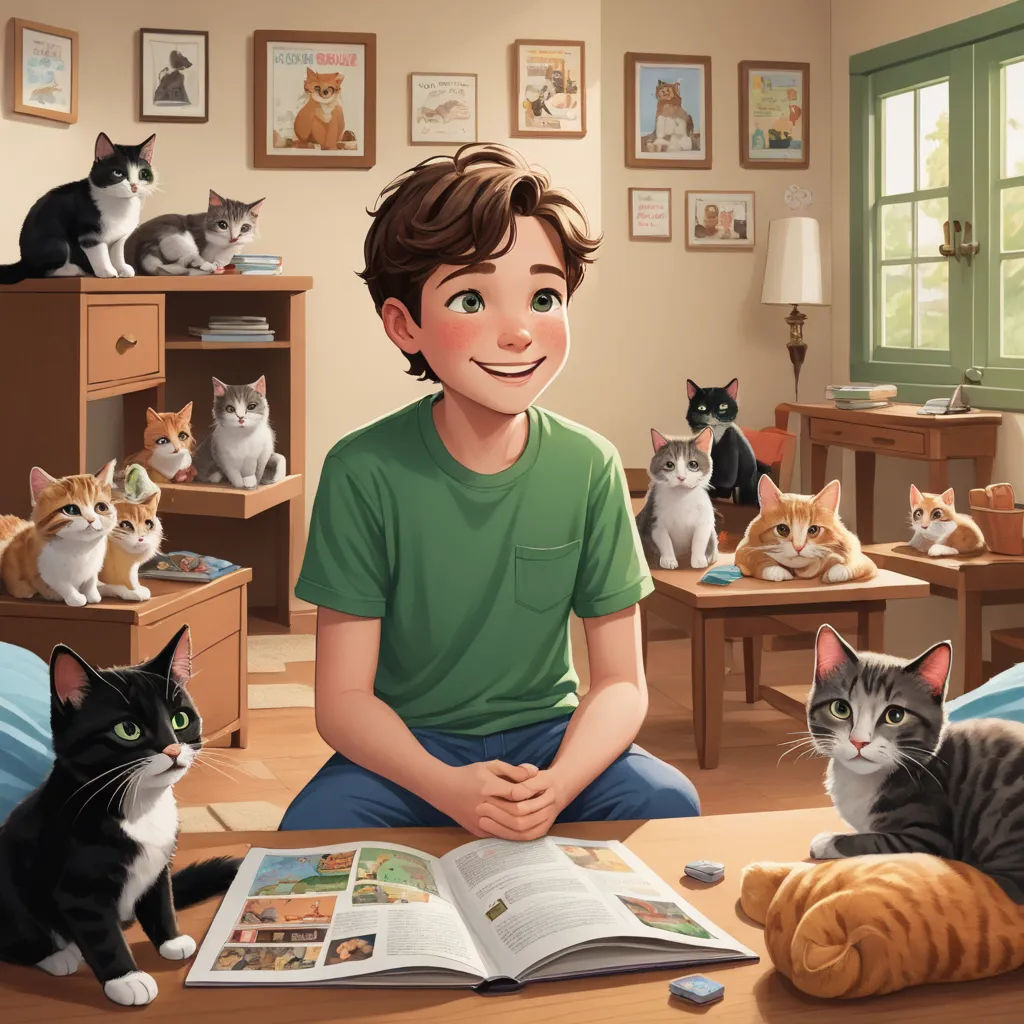 a boy sitting on a bed with cats around him and a book open to his chest, with a cat on the floor, furry art, a storybook illustration, Aaron Jasinski, storybook illustration