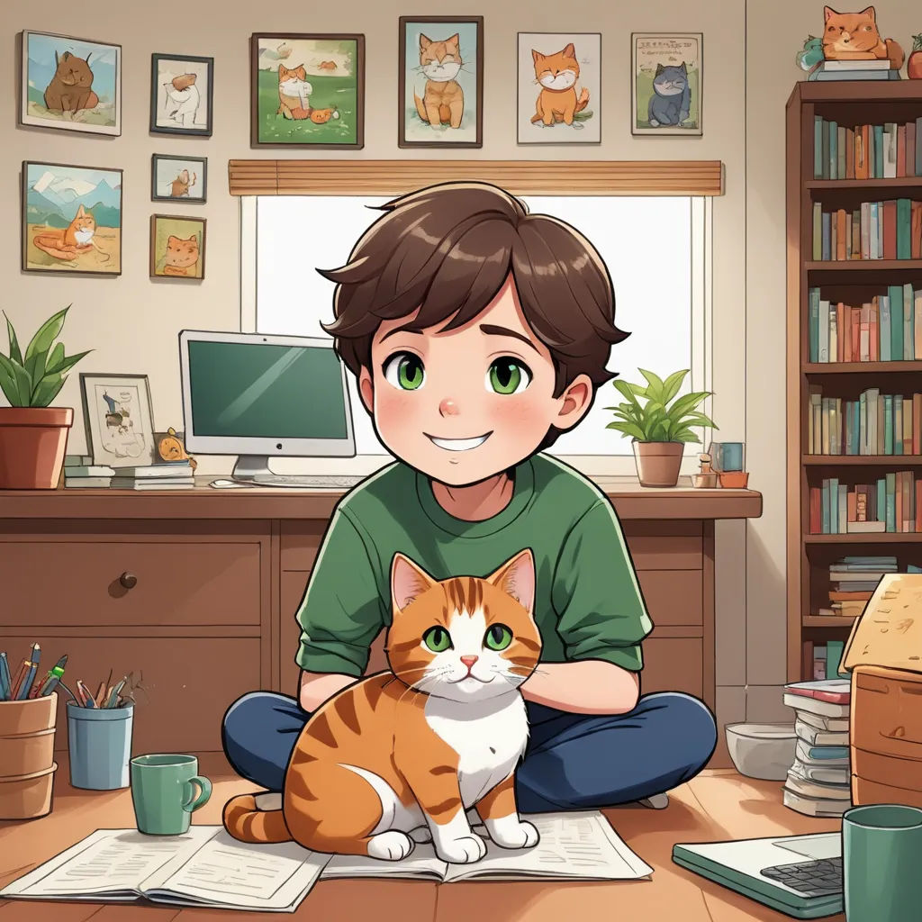 a boy sitting on the floor with a cat in front of him and a computer on the desk behind him, furry art, a character portrait, Diego Gisbert Llorens, official art