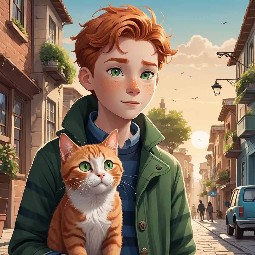 a boy holding a cat in his arms on a city street at sunset time, with a bird flying overhead, sots art, a character portrait, Cedric Seaut (Keos Masons), key art