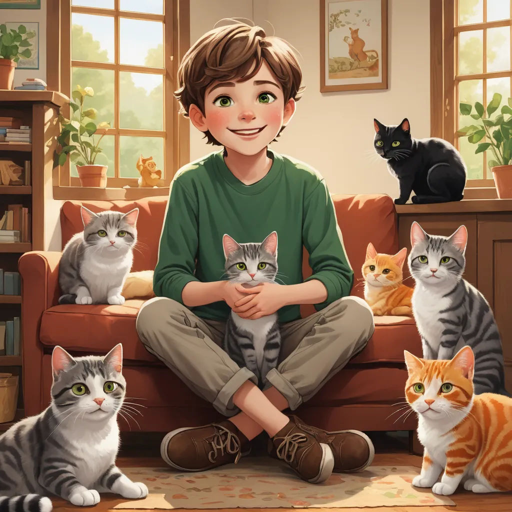 a boy sitting on a couch with cats around him and a cat sitting on the floor behind him,, furry art, a storybook illustration, Diego Gisbert Llorens, storybook illustration