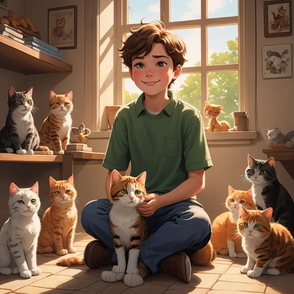 a boy sitting on the floor with many cats around him and a cat sitting on the floor behind him, furry art, a storybook illustration, Aaron Jasinski, official art