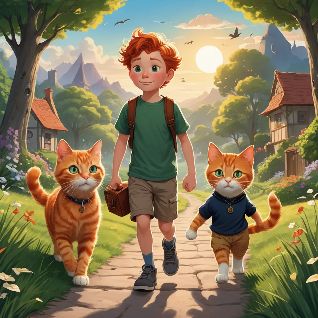 a boy and a cat walking down a path in a forest with a house in the background and a bird flying overhead, furry art, a storybook illustration, Aaron Jasinski, official art