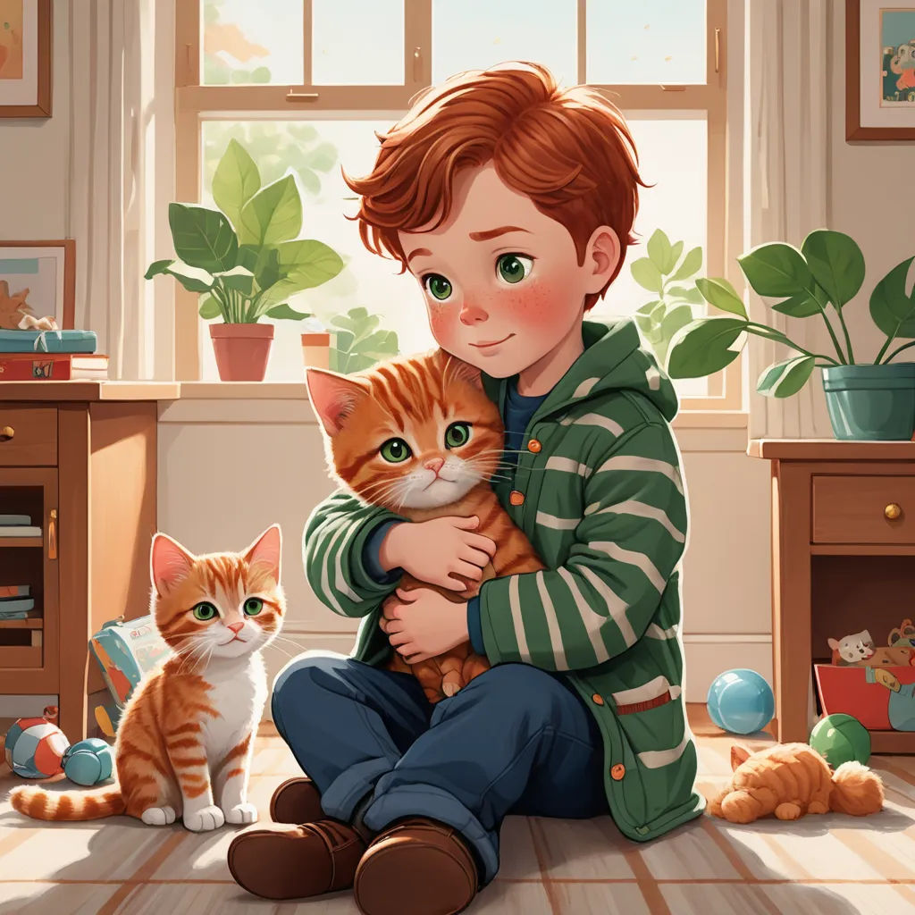 a boy holding a cat in his arms while sitting on the floor next to a cat and a potted plant, furry art, a storybook illustration, Diego Gisbert Llorens, storybook illustration