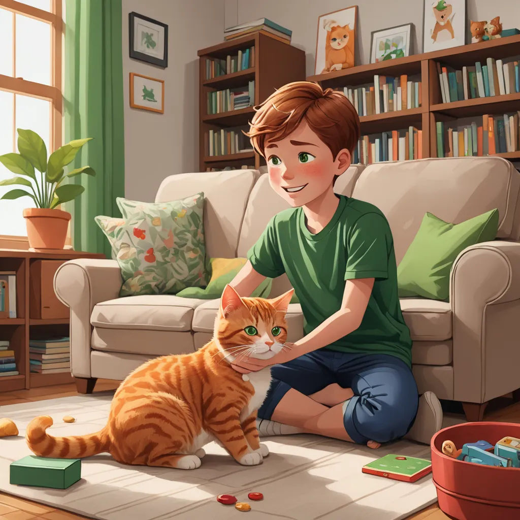 a boy sitting on the floor with a cat in front of him and a cat on the floor next to him, furry art, a storybook illustration, Diego Gisbert Llorens, storybook illustration