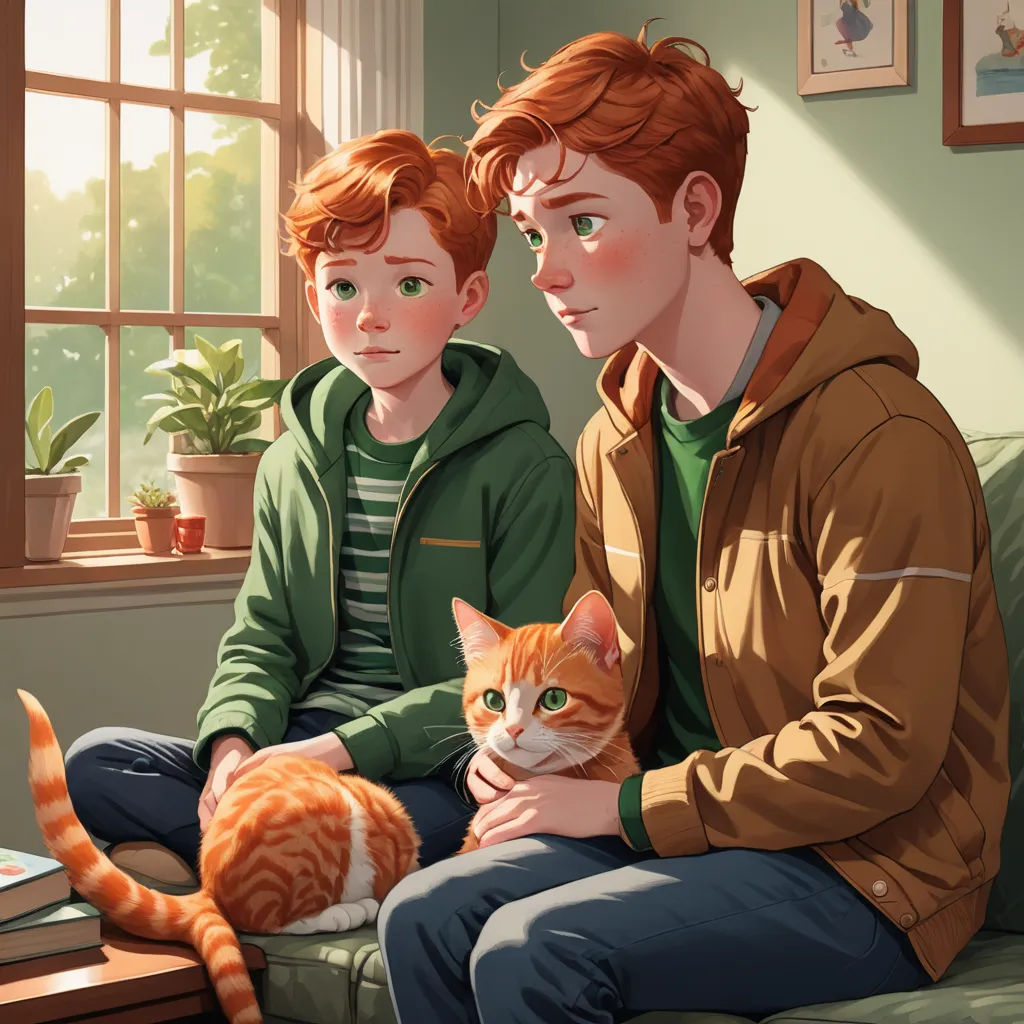 a man and a boy sitting on a couch with a cat in front of them and a cat on the couch, sots art, a comic book panel, Brothers Hildebrandt, official art