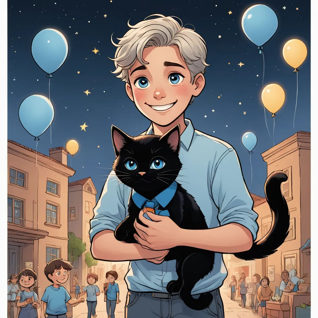 a man holding a black cat in his arms with balloons in the background and a sky full of stars, furry art, a storybook illustration, Cedric Seaut (Keos Masons), comic cover art