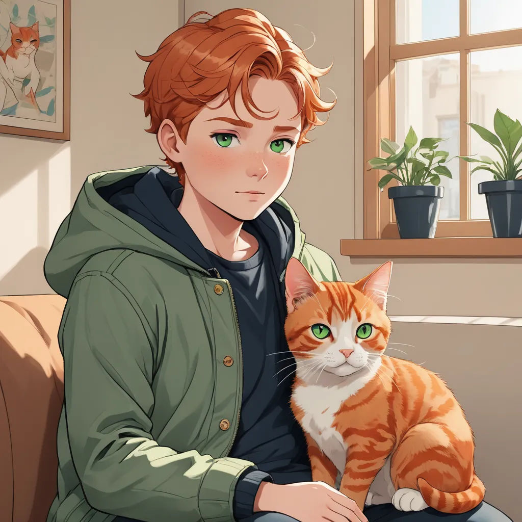 a boy sitting on a couch with a cat in his lap and a potted plant behind him,, sots art, a character portrait, Cedric Seaut (Keos Masons), official art