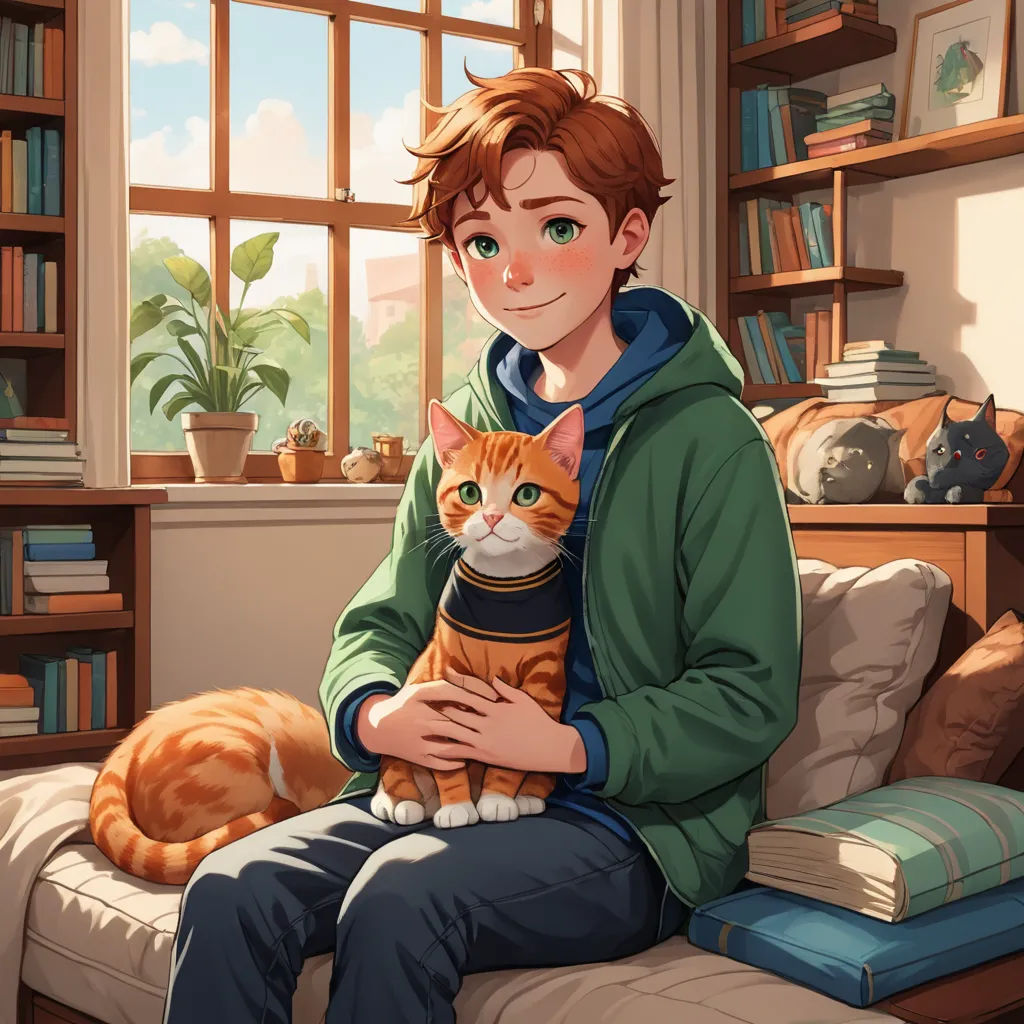 a boy sitting on a couch holding a cat in his lap and looking at the camera with a smile, sots art, a character portrait, Anson Maddocks, official art