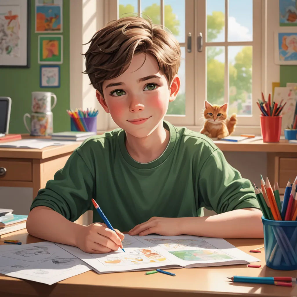 a boy sitting at a desk with a book and pencils in front of him and a cat behind him, photorealism, a storybook illustration, Diego Gisbert Llorens, rossdraws global illumination