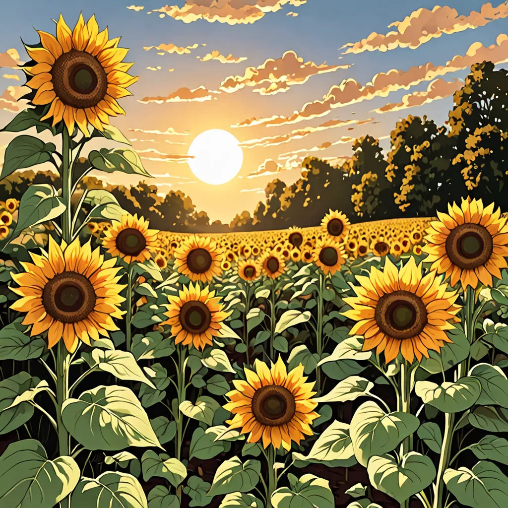 a painting of a sunflower field with a sunset in the background and clouds in the sky above it, synthetism, a detailed matte painting, Dan Mumford, sun