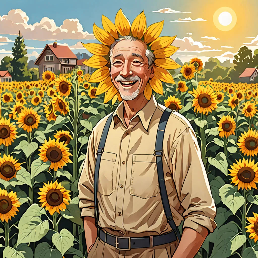 a man standing in a field of sunflowers with a big smile on his face and a house in the background, fantastic realism, a character portrait, Cliff Childs, rossdraws global illumination