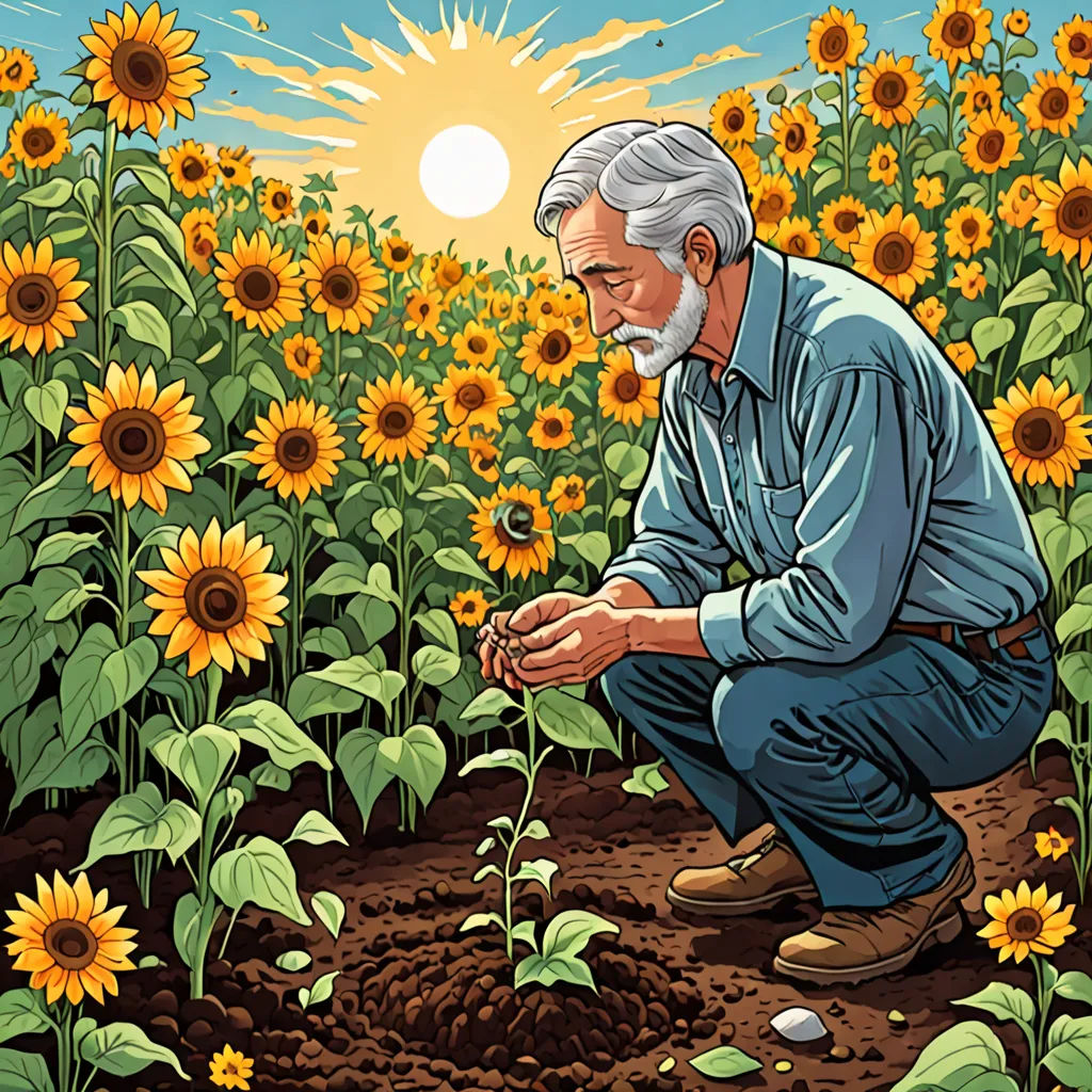 a man kneeling down in a field of sunflowers with a bee in his hand and a sun in the background, environmental art, a storybook illustration, Asaf Hanuka, josan gonzales and dan mumford