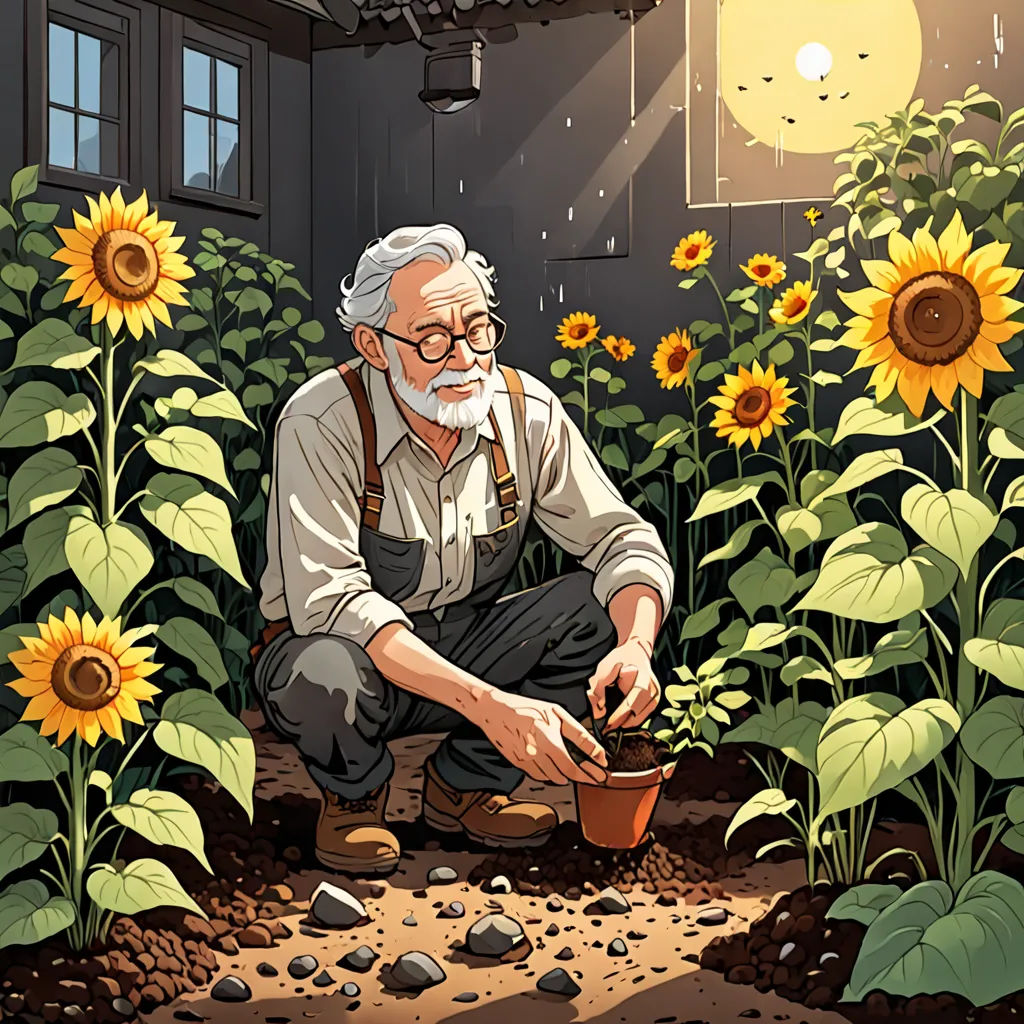 a man kneeling down in a garden with sunflowers and a potted plant in front of him, sots art, a storybook illustration, Anne Said, official art
