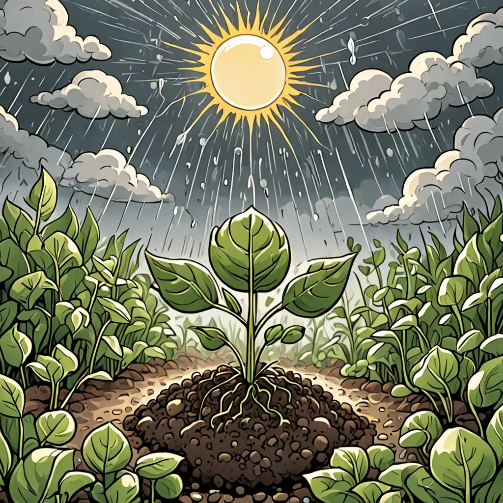 a cartoon of a sun above a plant with rain coming down on it and clouds in the sky above, naturalism, a storybook illustration, Dan Mumford, comic cover art
