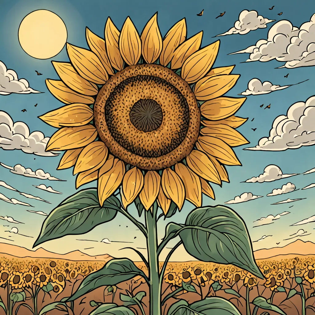 a sunflower in a field with a sky background and clouds in the background, with a sunflower in the foreground, psychedelic art, a detailed drawing, Dan Mumford, josan gonzales and dan mumford