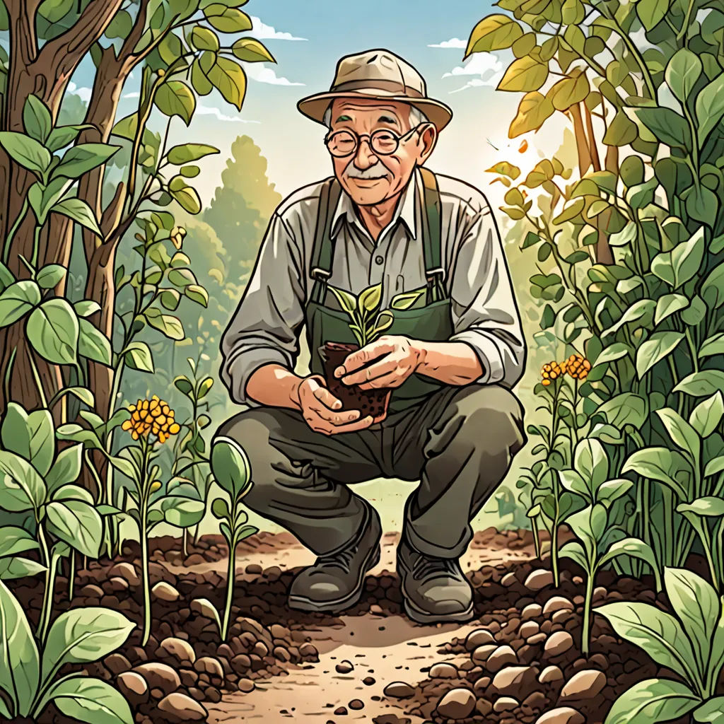 a man kneeling down in a forest holding a plant in his hands and a book in his hands, with a background of trees and rocks, ecological art, a storybook illustration, Asaf Hanuka, detailed illustration
