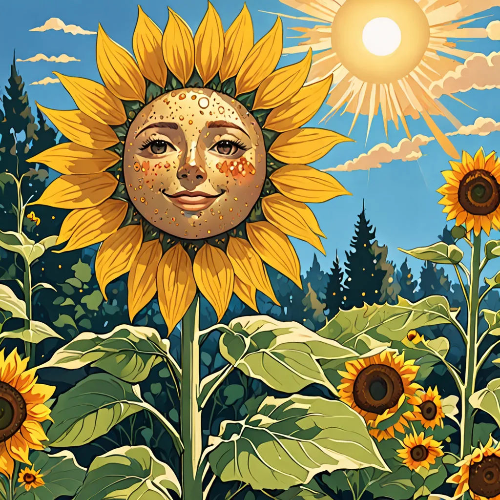 a painting of a sunflower with a face on it's face and trees in the background, with a blue sky and clouds, pop surrealism, a storybook illustration, Chris LaBrooy, sun