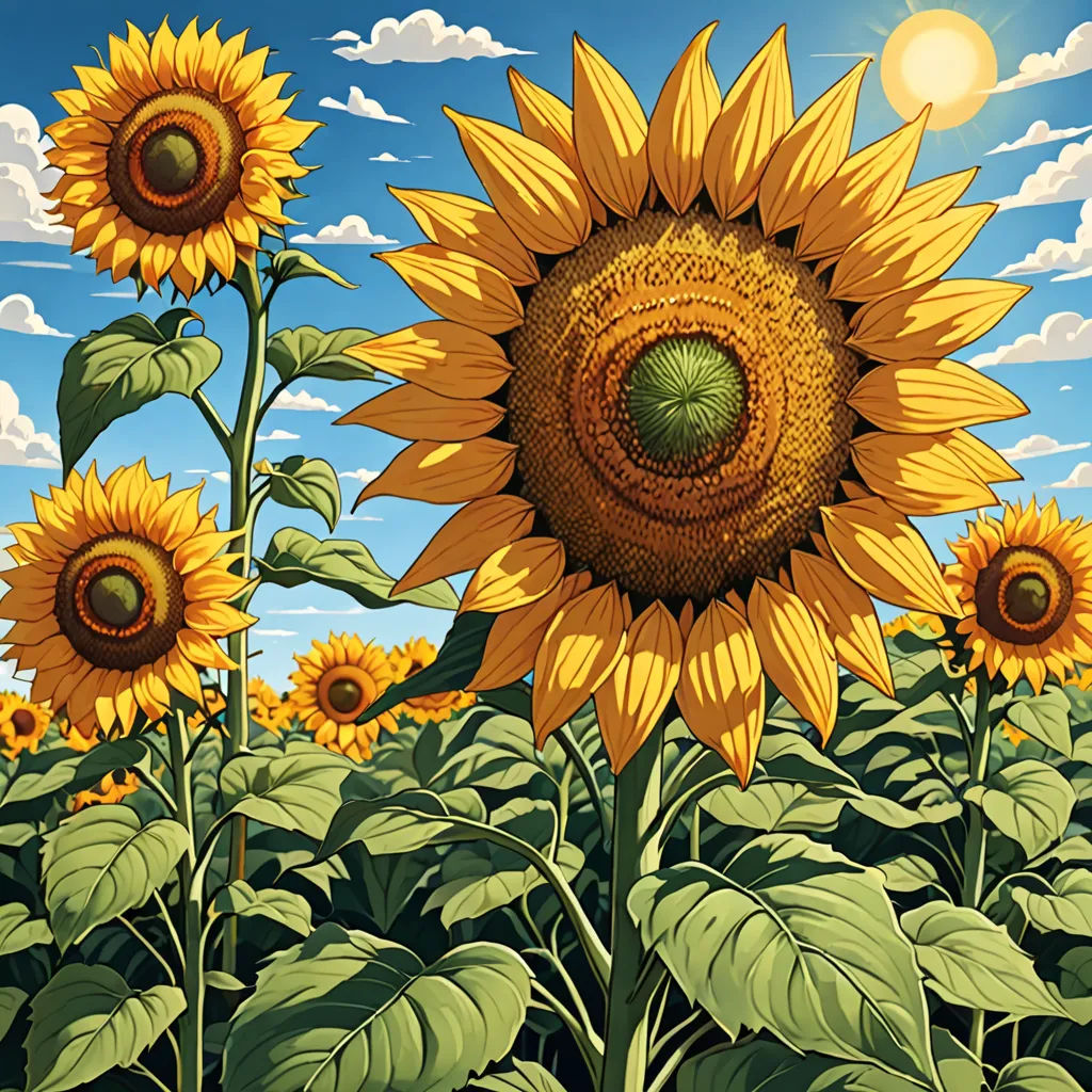 a painting of a sunflower field with a blue sky in the background and clouds in the background,, psychedelic art, a surrealist painting, Chris LaBrooy, highly detailed digital painting