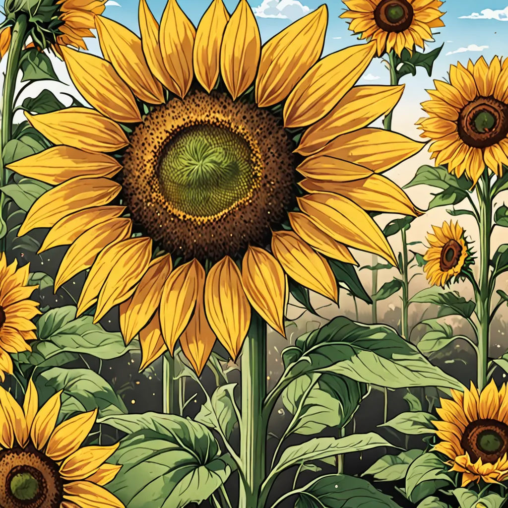 a painting of a sunflower with a green bug on it's face and a sky background with clouds, psychedelic art, a detailed painting, Dan Mumford, highly detailed digital painting